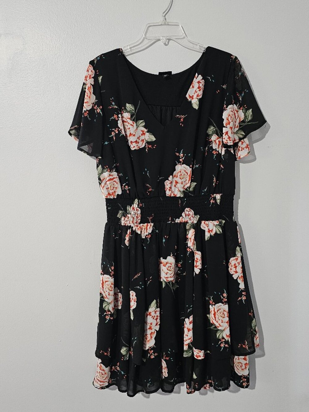 Black Floral Smocked Waist Flutter Sleeve Dress